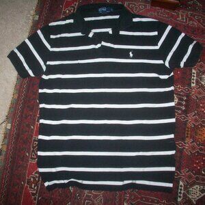 Vintage Polo Ralph Lauren Large Black Striped Cotton Pearl Buttons Shirt
